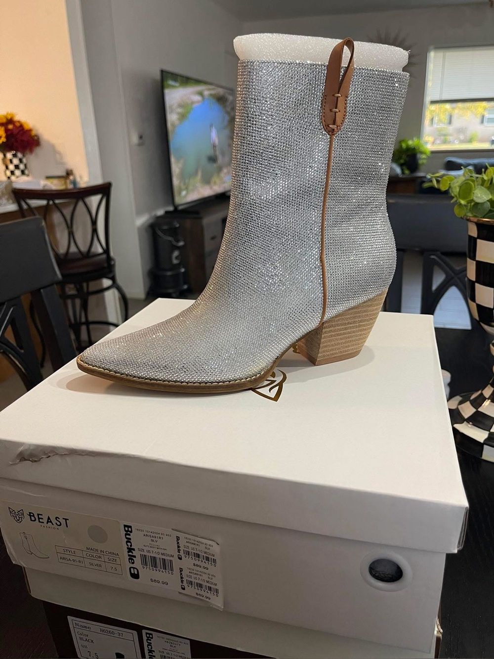 Sparkling Silver Ankle Boot with Low Block Heel-bought from The Buckle